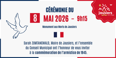 Invitation cérémonie commémorative du 08 mai 2026 à 9h15 au Monument aux Morts de Jausiers