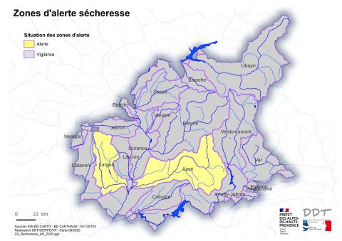 Carte département_zones alerte sècheresse_Jausiers